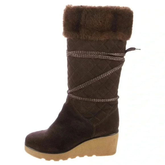 Marc Jacobs Brown Quilted Suede Fur Knee High Wedge Heel Winter Boots 36 (US 6) - Picture 1 of 5